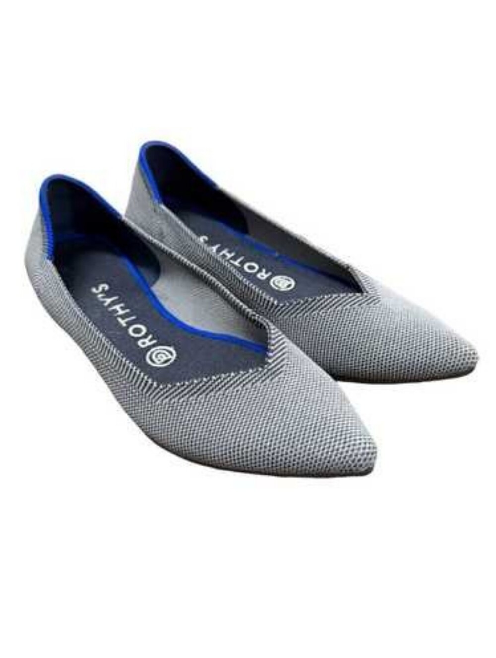 Rothy's Pointed Toe Knit Ballet Flat in Gray with Blue Trim